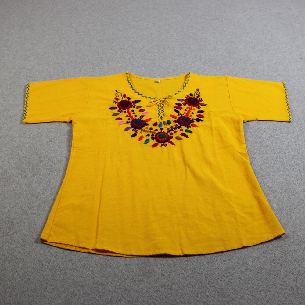 Mexican Embroidered Shirt Women Small Yellow Floral Boho Cotton Festival Artsy